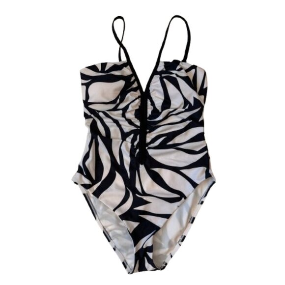 Women's L NWT Sanctuary Black Cream Abstract Printed Ruched One Piece Swimsuit - Picture 1 of 6